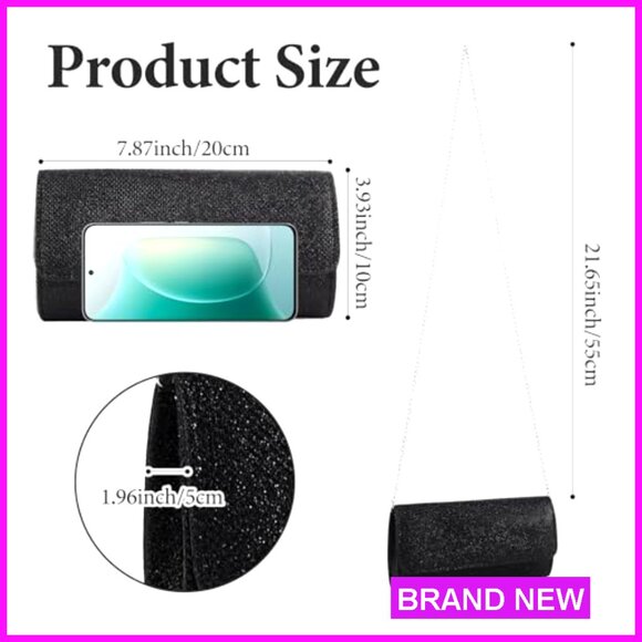 Evening Clutch Purse with Detachable Chain, Envelope Style Handbag - Picture 6 of 7